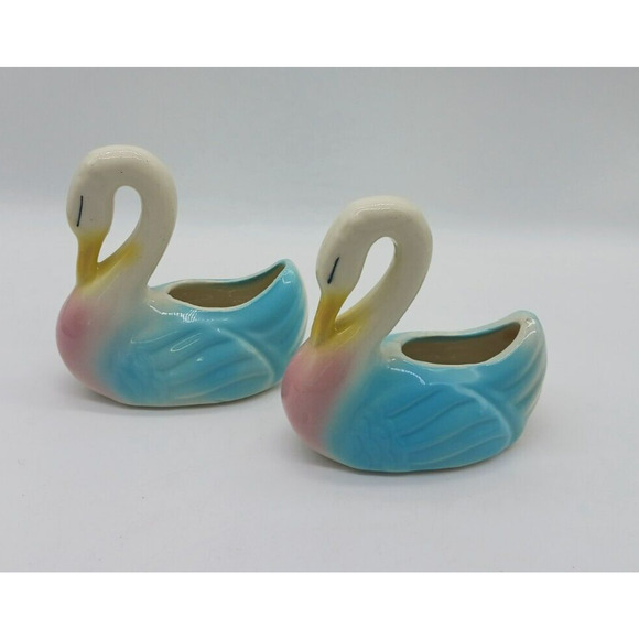 vintage Other - Lovely MCM Pair Set 2 Swan Planters Yellow Blue Pink Ceramic Mid Century Vintage
